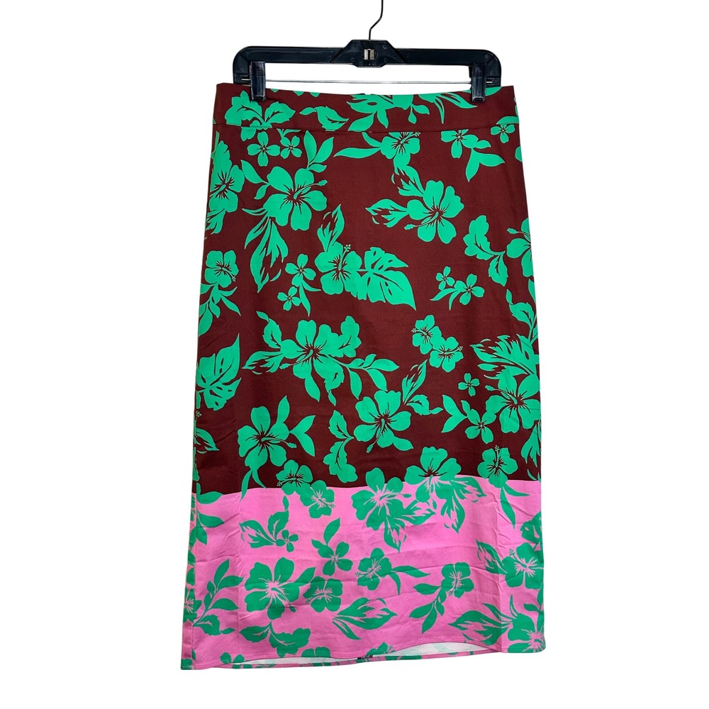 Corey Lynn Calter Anthropologie Midi Skirt Size L‎ Pink Brown Green Hibiscus NEW